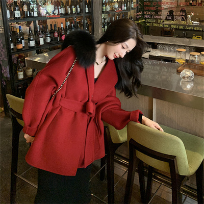 25秋冬新款斗篷式双面羊绒大衣连帽狐狸毛领小个子中长款毛呢外套