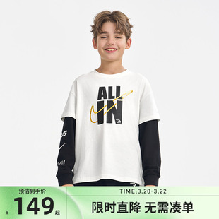 Nike 3brand儿童装男女童长袖假两件春秋新品纯棉上衣运动潮T恤潮