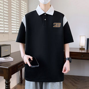 盐系男友风polo衫 短袖 男夏季 潮牌痞帅拼接设计感青少年翻领t恤衫