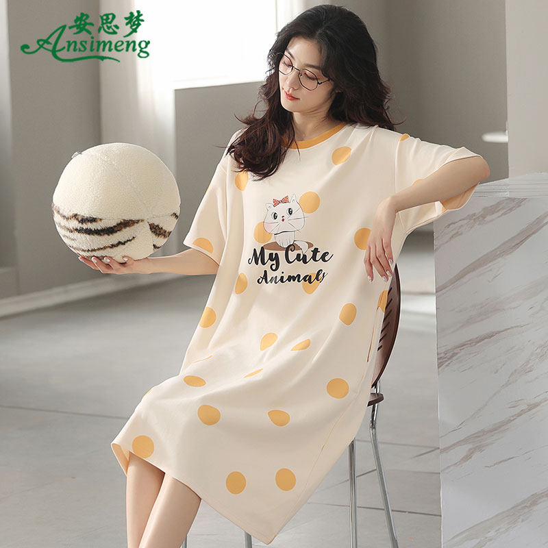 睡裙少女夏季纯棉短袖睡衣中裙薄款甜美圆点可爱卡通可外穿连衣裙
