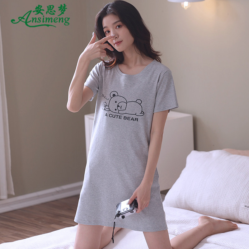 睡衣女夏季睡裙纯棉短袖夏天全棉薄款可爱卡通连衣裙子大码家居服