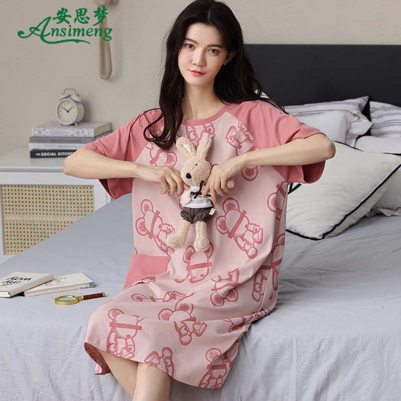 夏季睡裙女士睡衣夏天新款纯棉短袖薄款卡通可爱家居服过膝连衣裙
