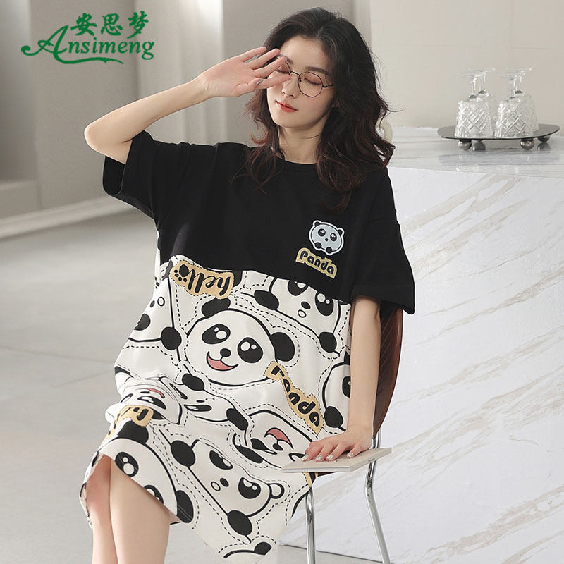 睡裙女士睡衣夏季新款短袖纯棉全棉薄款简约套头中长款大码家居服