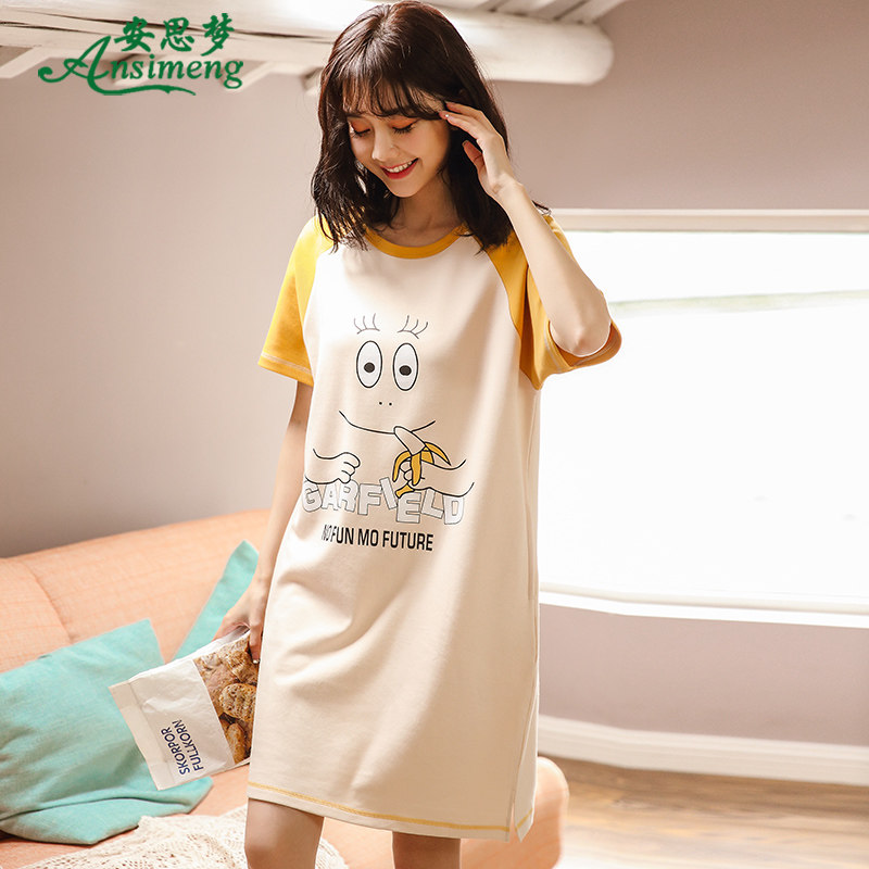 睡裙女夏韩版甜美可爱卡通睡衣连衣裙女款全棉宽松大码家居服夏天