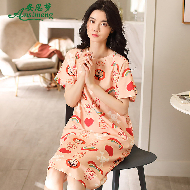 韩版睡裙女夏季纯棉短袖睡衣夏天薄款中长款连衣裙可爱卡通家居服