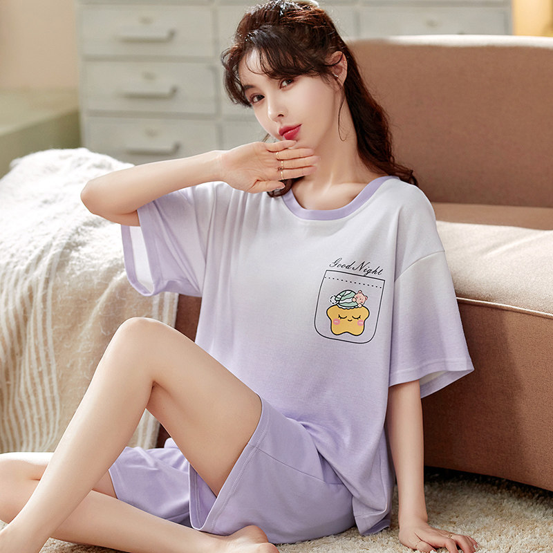 睡衣女夏季纯棉2022年新款两件套短裤夏天渐变短袖家居服套装薄款