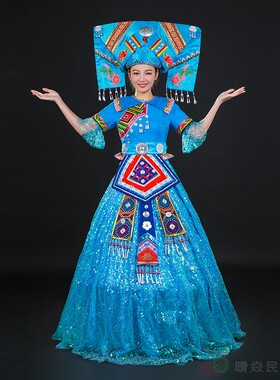 晴焱定制壮族民族服装女蓝色大气主持走秀盛装表演演出服女