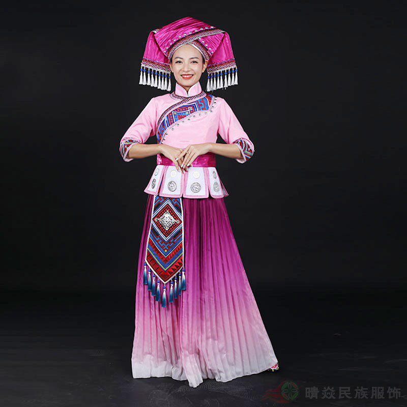 晴焱定制  壮族民族女装粉色渐变长裙礼仪主持走秀舞台表演服装图片