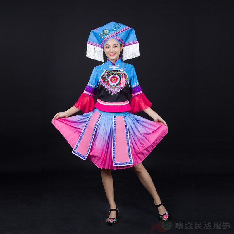 晴焱新品 壮族民族服装蓝色渐变短裙女装舞台舞蹈表演演出服