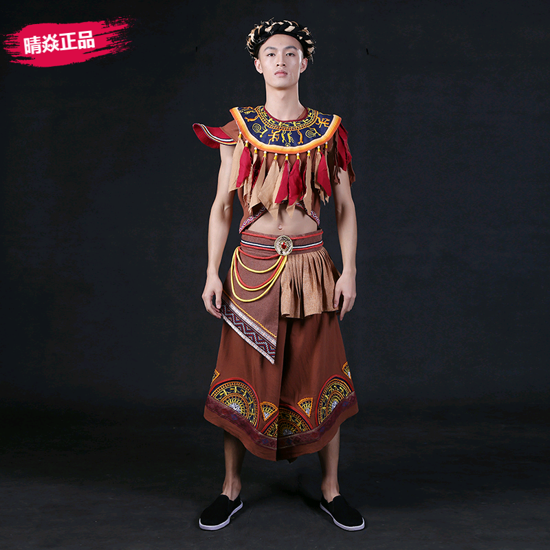 广西壮族演出服装铜鼓花山图案刺绣棉麻野人开场舞服阔腿裤男套装