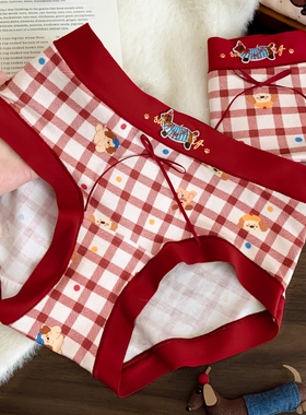 萌犬红格~可爱腊肠狗内裤红色马年本命年格纹印花透气三角裤女款