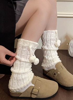 日系可爱少女感白色针织中筒袜套2026新款秋冬保暖黑色显瘦堆堆袜