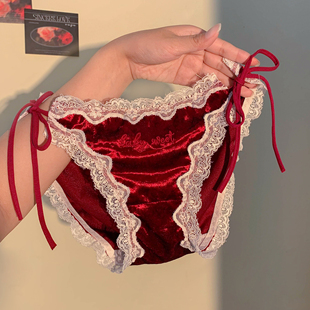 丝绒情书~女生纯欲红色丝绒法式女士本命年高开叉系带性感内裤女