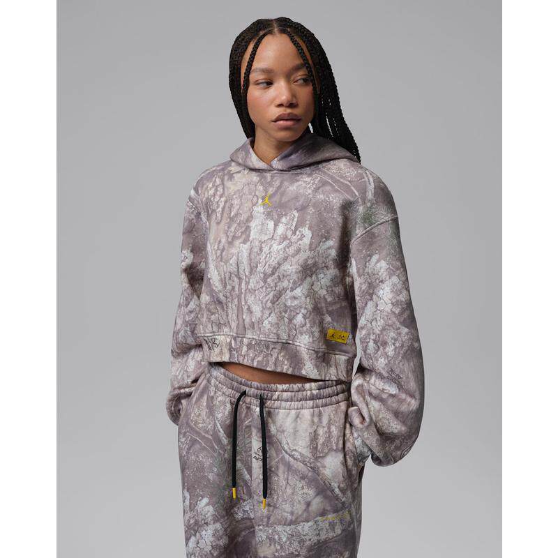 Jordan Brooklyn 女士林地迷彩宽松露腰短款抓绒连帽套头卫衣