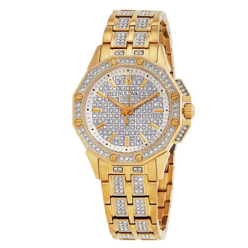 代购BULOVA宝路华手表女腕表防水夜光计时防刮金色钢带镶钻精钢