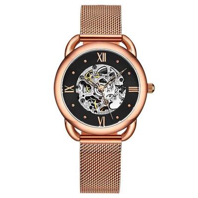 代购Stuhrling女士腕表自动计时夜光日期钢带镂空玫瑰金防水商务