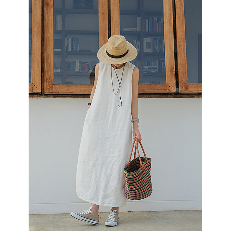 麻霖汉麻开叉无袖连衣裙