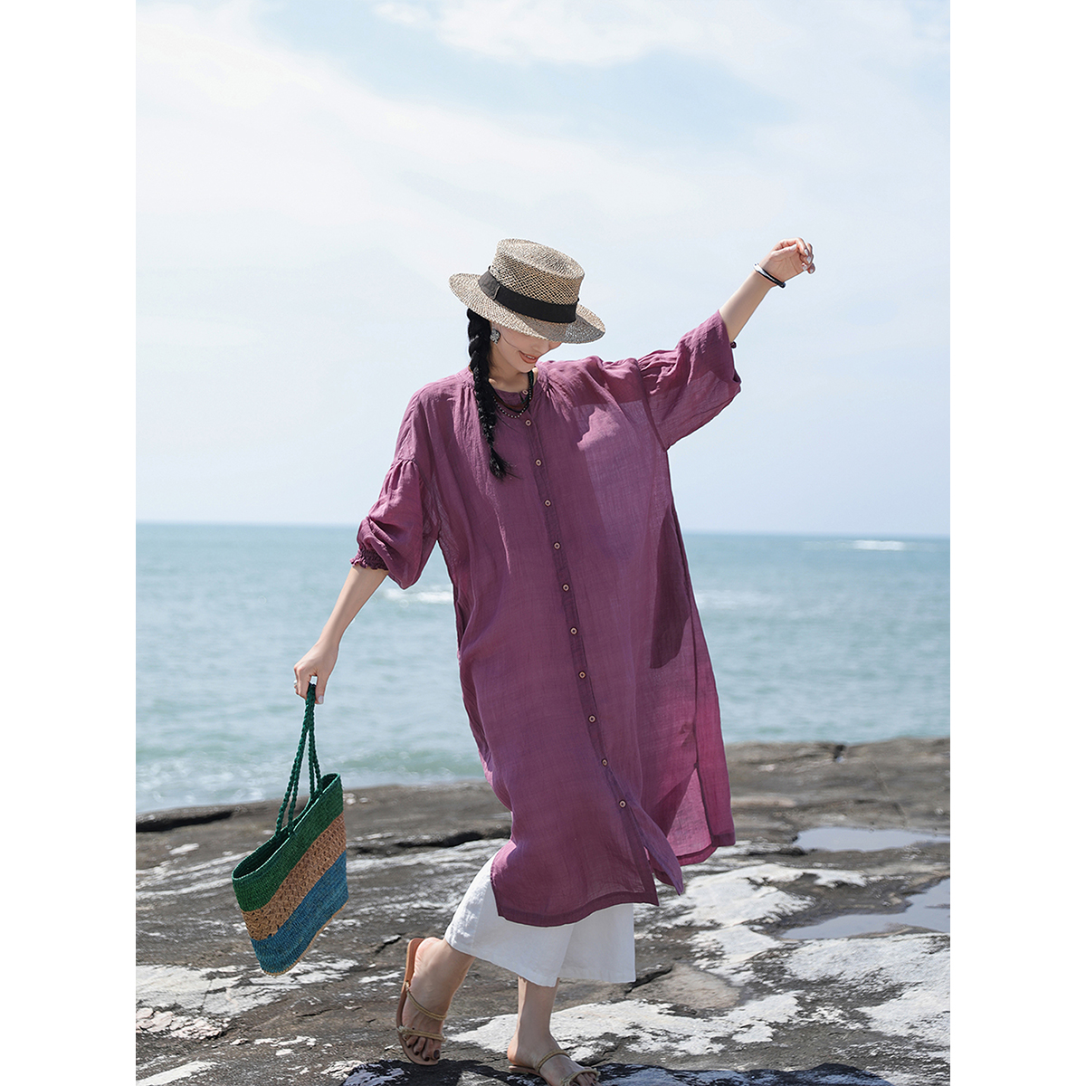 文艺休闲中长款衬衫开衫