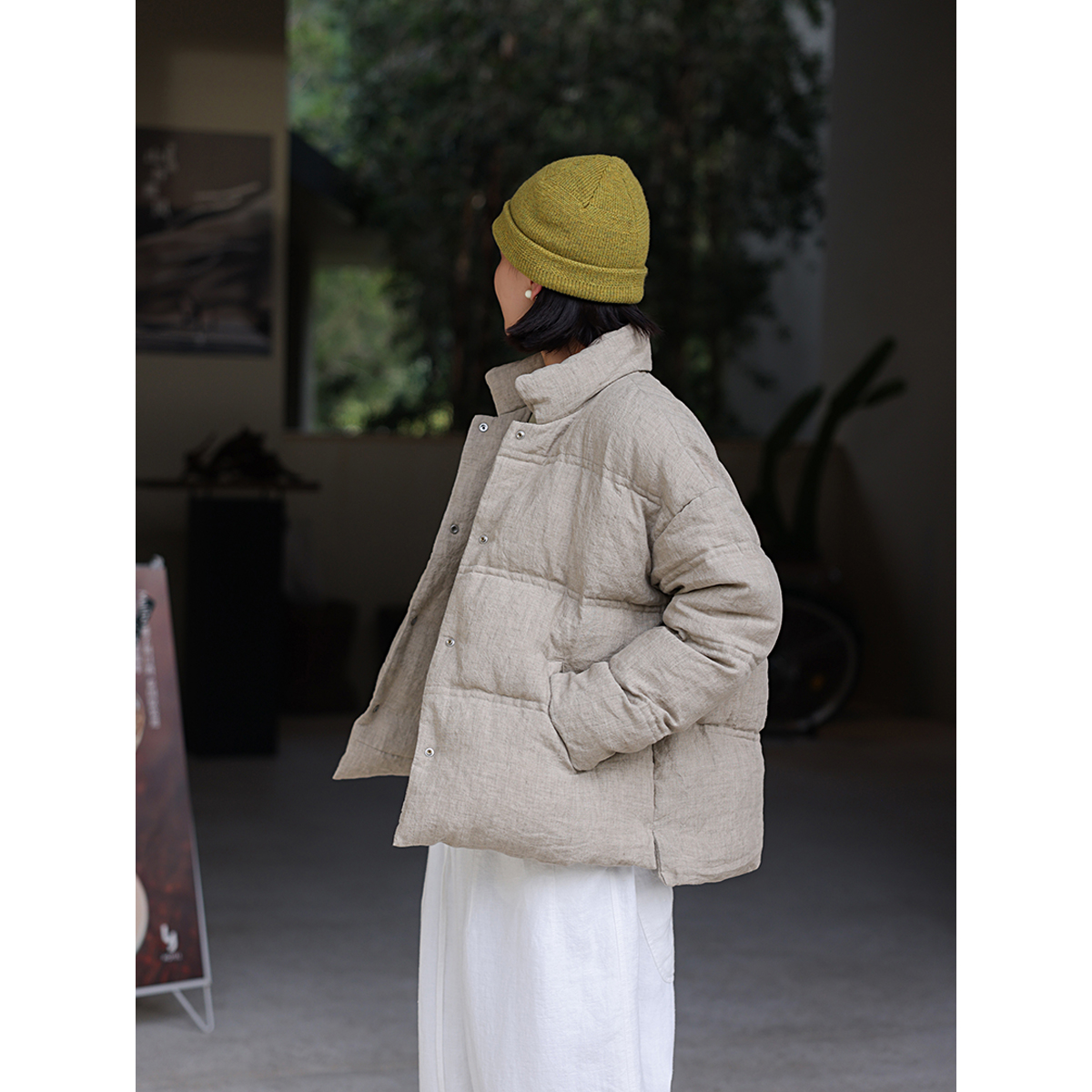 麻霖肌理感色织亚麻95白鸭绒加厚保暖文艺休闲羽绒服