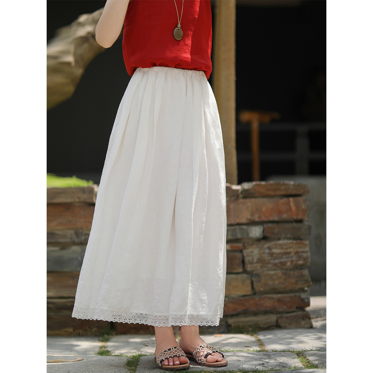 麻霖细软高密纯汉麻水洗面料细腻钩花纯棉花边立体褶松紧腰半裙