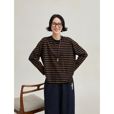 圆领宽松长袖休闲条纹T恤