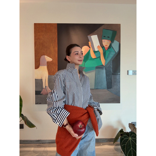 麻霖蓝白竖条纹衬衫色织棉宽细纹拼接法式叠穿设计感显瘦衬衣