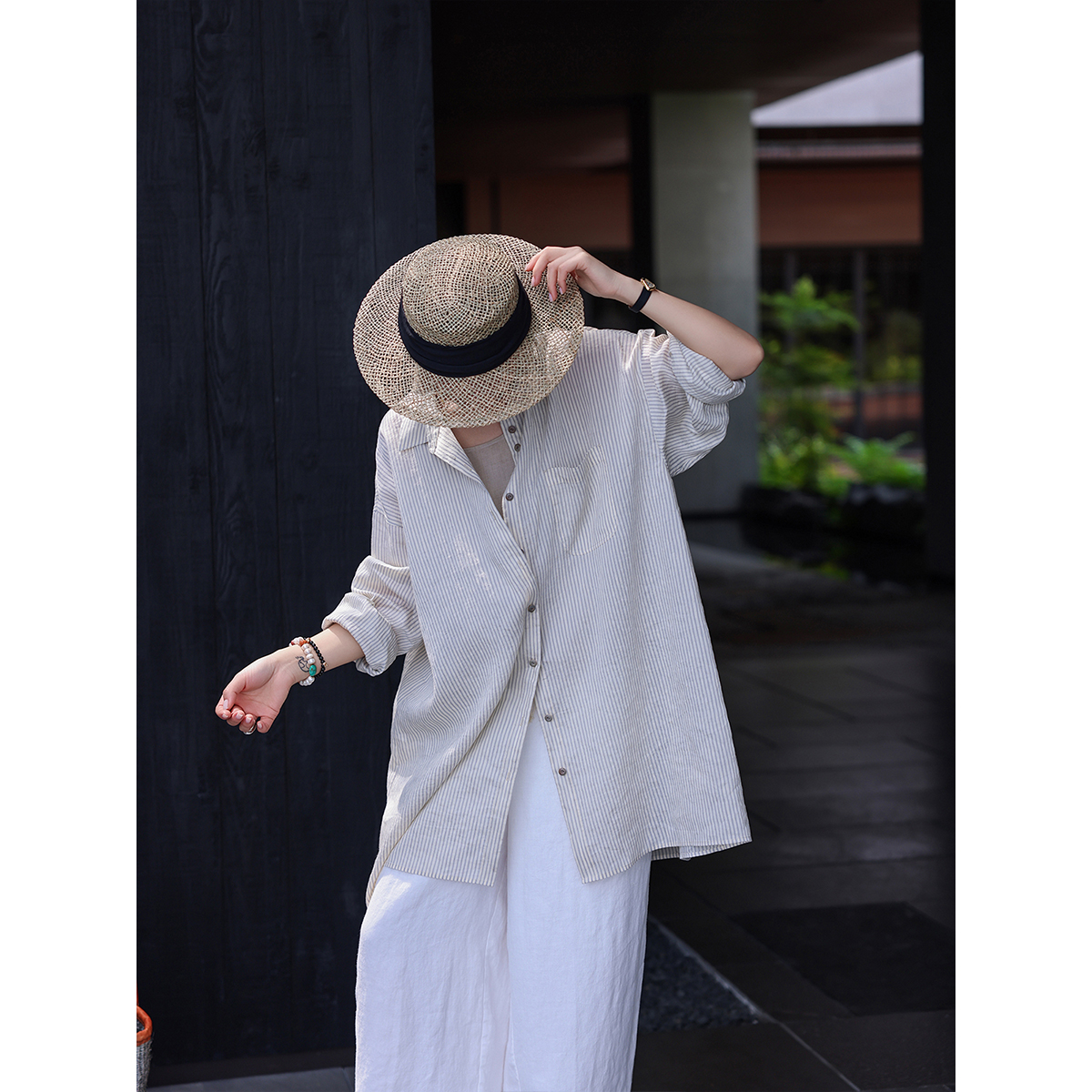 中长款宽松色织条纹衬衫