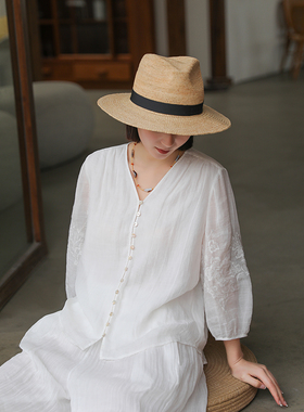 麻霖原创设计夏季新品纯苎麻加捻宽皱刺绣休闲清凉开衫上衣
