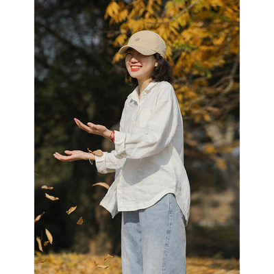 麻霖宽松休闲小翻领长袖衬衫