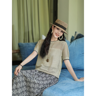 麻霖原创设计轻盈和纸纱镂空肌理感休闲文艺撞色收边针织上衣