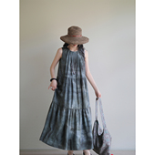 麻霖16.5姆米桑蚕丝斜纹绸水墨晕染双面印花圆领无袖 连衣裙