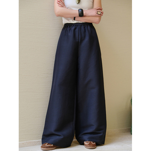 麻霖2026春夏重磅定制双股双宫桑蚕丝竹节纹极简直筒微阔裤长裤