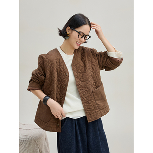 麻霖2025秋冬新品复古文艺刺绣绗棉立体设计感V领保暖棉衣外套