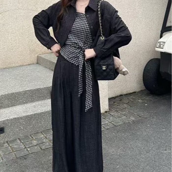 宽松显瘦格子吊带阔腿裤两件套
