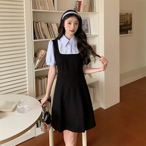 大码微胖假两件polo连衣裙女夏季黑色休闲裙子胖mm遮肚显瘦a字裙