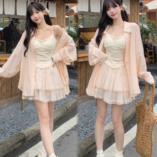 三件套 UU安娜大码 甜汽水少女温与柔夏季 新款 甜美风显瘦纯欲风短款