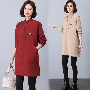 加绒加厚妈妈小个子短款长袖连衣裙秋冬新款遮肚子显瘦气质打底裙