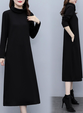 大码黑色连衣裙冬季加厚打底气质长裙中年妈妈时尚洋气毛呢过膝裙