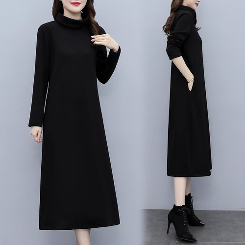 大码黑色连衣裙冬季加厚气质长裙