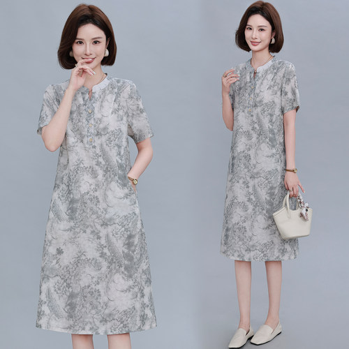 中年漂亮妈妈连衣裙天丝亚麻女装