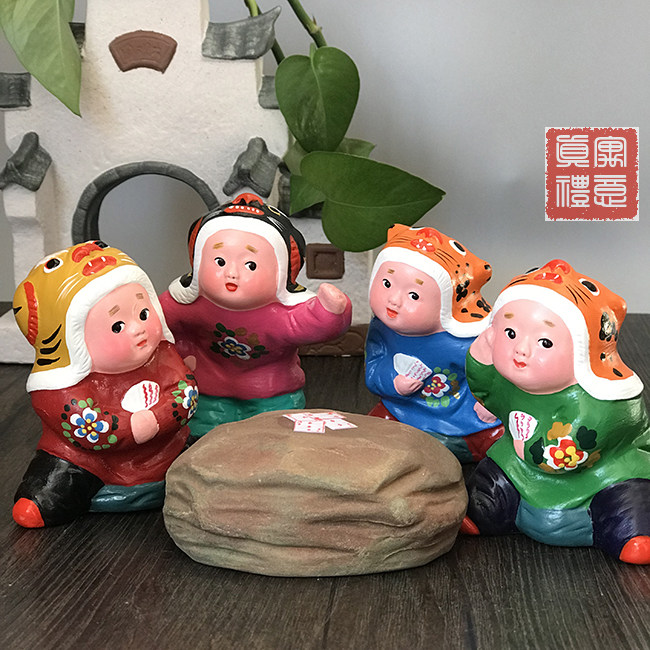 打扑克 泥人张彩塑摆件天津特色特产礼品 创意摆件非遗工艺品