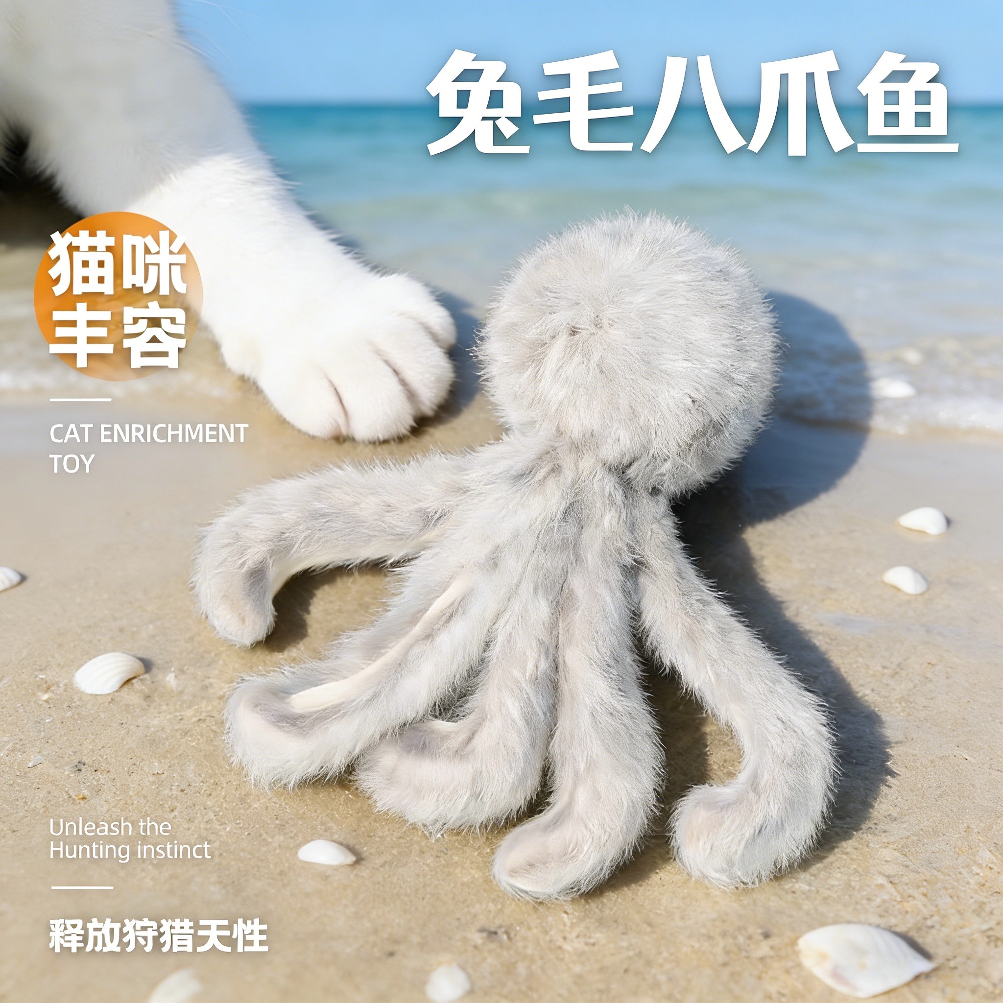 兔毛八爪鱼逗猫玩具自嗨神器猫咪玩具耐用性强猫用挂饰毛绒逗猫棒