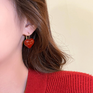 安可拉红色滴油爱心耳环新款港风复古耳扣秋冬时尚高级感耳饰秋冬