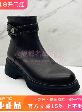KISSCAT接吻猫女靴2025冬季新款圆头粗跟皮里短靴KA65732-50
