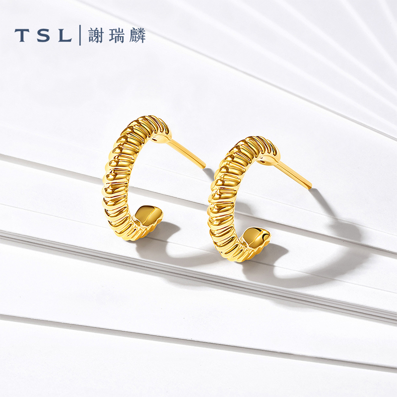 TSL谢瑞麟黄金耳钉5D硬金工艺简约线条足金耳饰耳饰新品XR279