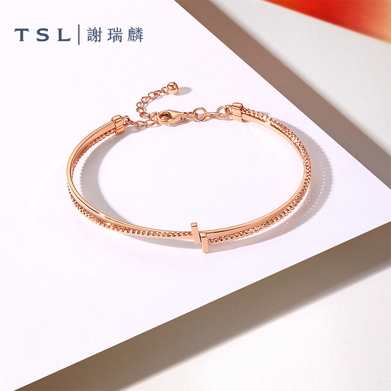 TSL谢瑞麟18K金手镯玫瑰金线条金镯素金手饰新品BD986