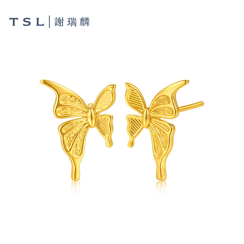 TSL谢瑞麟黄金蝴蝶耳钉5D硬金工艺足金耳环计价黄金女士XR364