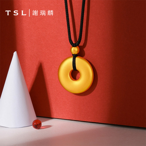 【特价】TSL谢瑞麟平安扣古法黄金吊坠古法金素金配黑色挂绳XQ474