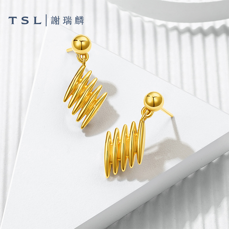 TSL谢瑞麟黄金耳钉5D硬金工艺几何菱形足金耳饰耳饰新品XR276