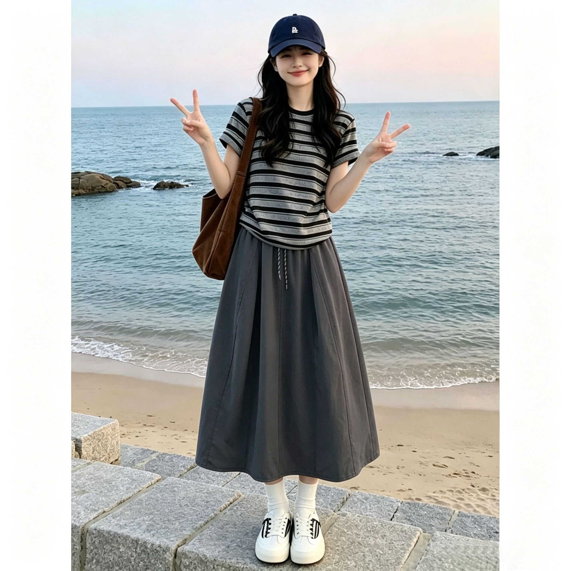 2026新款条纹T恤半身连衣裙女夏季小个子巨好看穿搭一整套装长裙